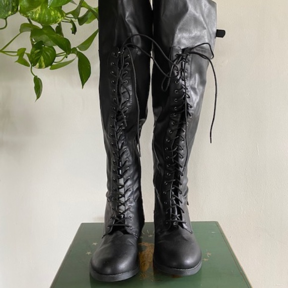 Black Over The Knee Wide Calf Combat Boots Size 8 - Picture 1 of 5